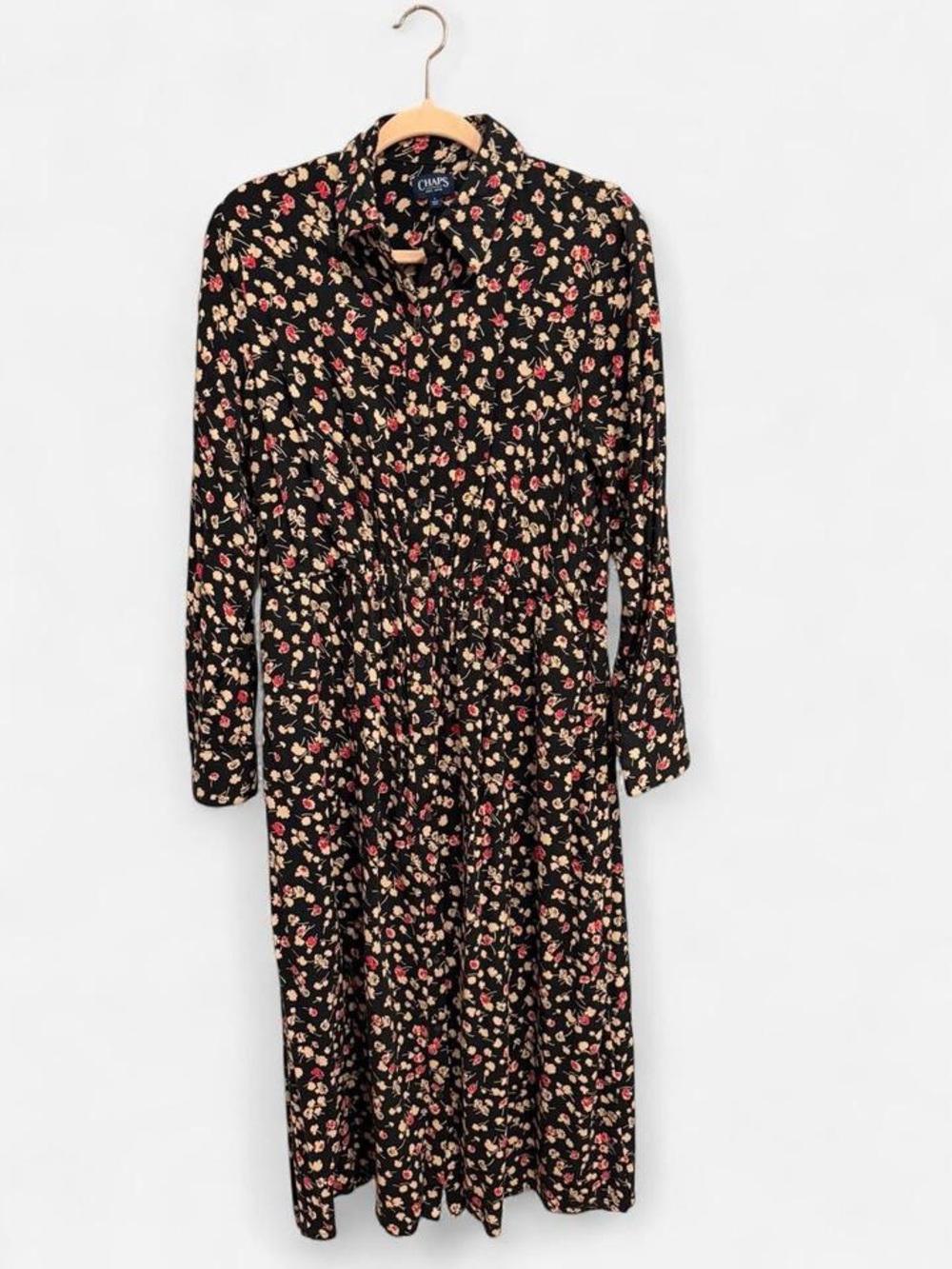 Chaps | Black Floral Dress | Long Sleeves | Button Up | Size Large